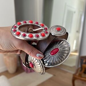 Brown Western Leather Belt with Red and Silver Accents